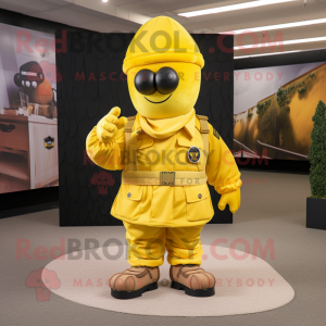 Yellow Army Soldier mascot costume character dressed with a Wrap Skirt and Berets