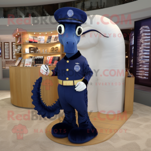 Navy Seahorse mascot costume character dressed with a Skinny Jeans and Cufflinks