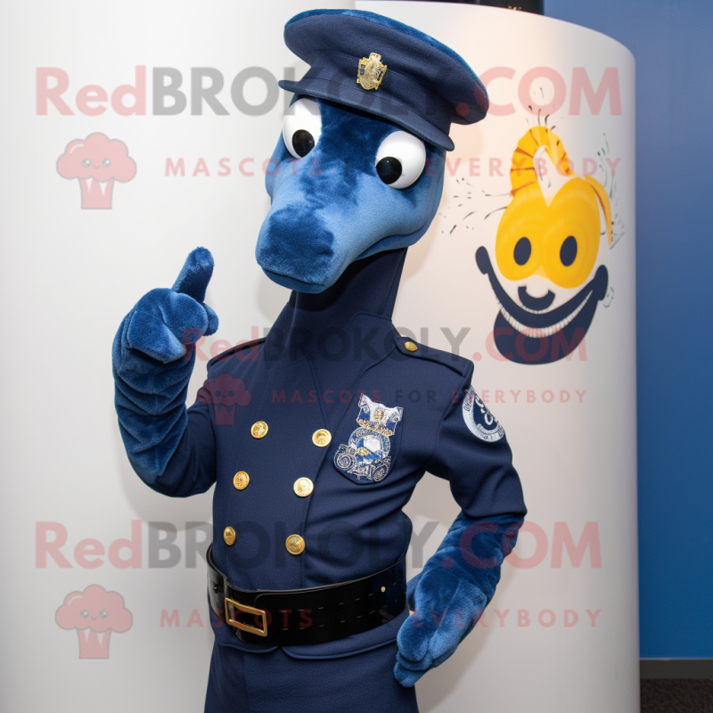 Navy Seahorse mascot costume character dressed with a Skinny Jeans and Cufflinks Navy Seahorse mascot costume character dressed with a Skinny Jeans and Cufflinks