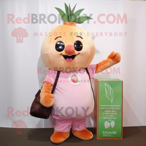 Peach Turnip mascot costume character dressed with a Vest and Tote bags