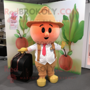 Peach Turnip mascot costume character dressed with a Vest and Tote bags