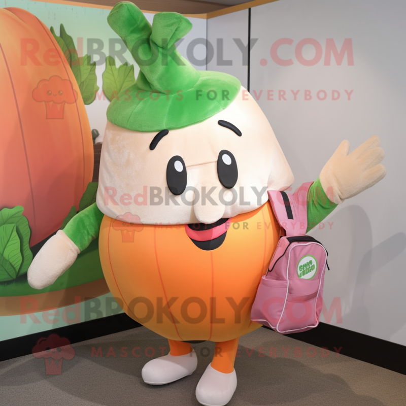 Peach Turnip mascot costume character dressed with a Vest and Tote bags Peach Turnip mascot costume character dressed with a Vest and Tote bags