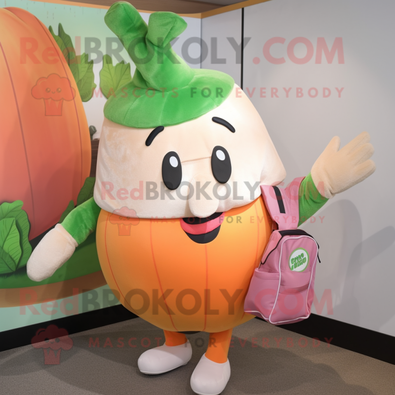 Peach Turnip mascot costume character dressed with a Vest and Tote bags