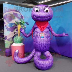 Purple Python mascot costume character dressed with a Swimwear and Keychains