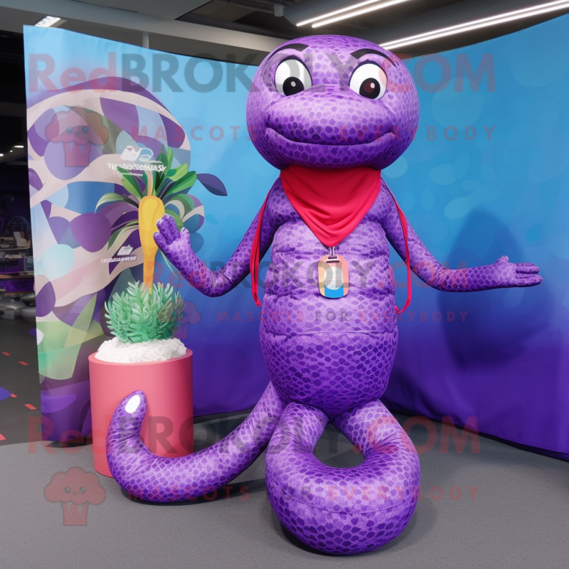 Purple Python mascot costume character dressed with a Swimwear and Keychains Purple Python mascot costume character dressed with a Swimwear and Keychains