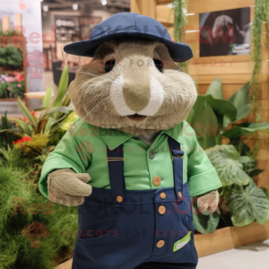 Forest Green Guinea Pig mascot costume character dressed with a Denim Shirt and Hat pins