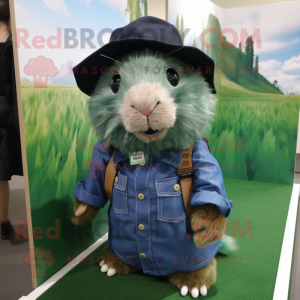 Forest Green Guinea Pig mascot costume character dressed with a Denim Shirt and Hat pins