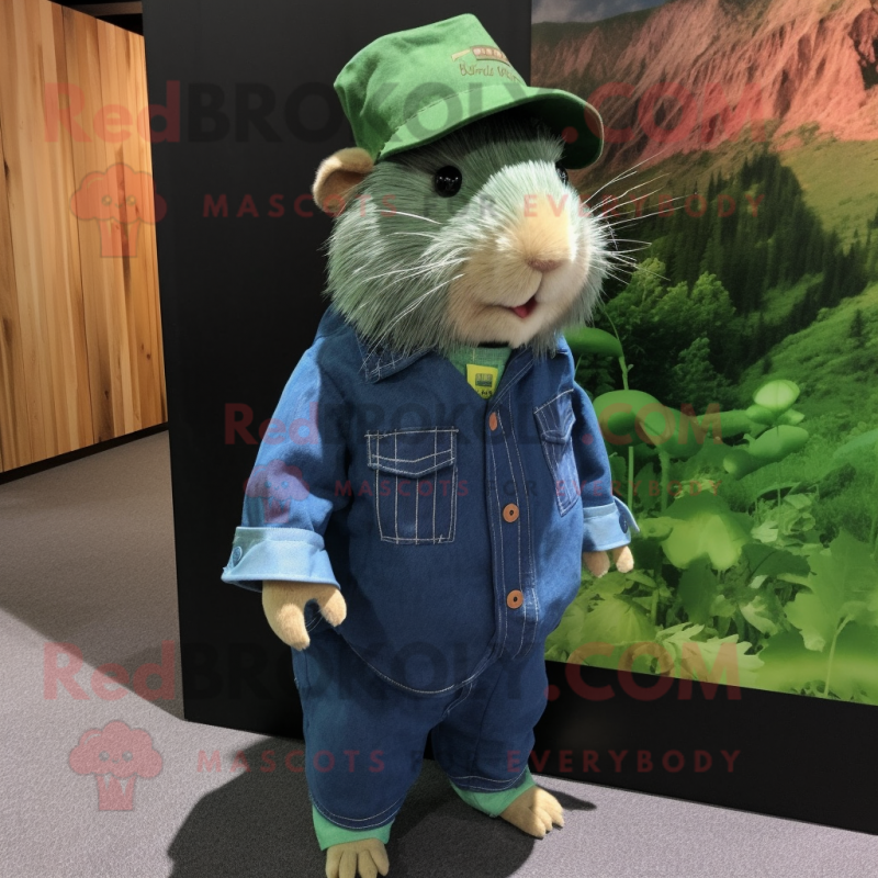 Forest Green Guinea Pig mascot costume character dressed with a Denim Shirt and Hat pins