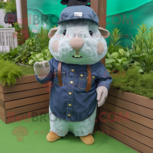 Forest Green Guinea Pig mascot costume character dressed with a Denim Shirt and Hat pins