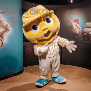 Gold Baseball Glove mascot costume character dressed with a Romper and Scarves