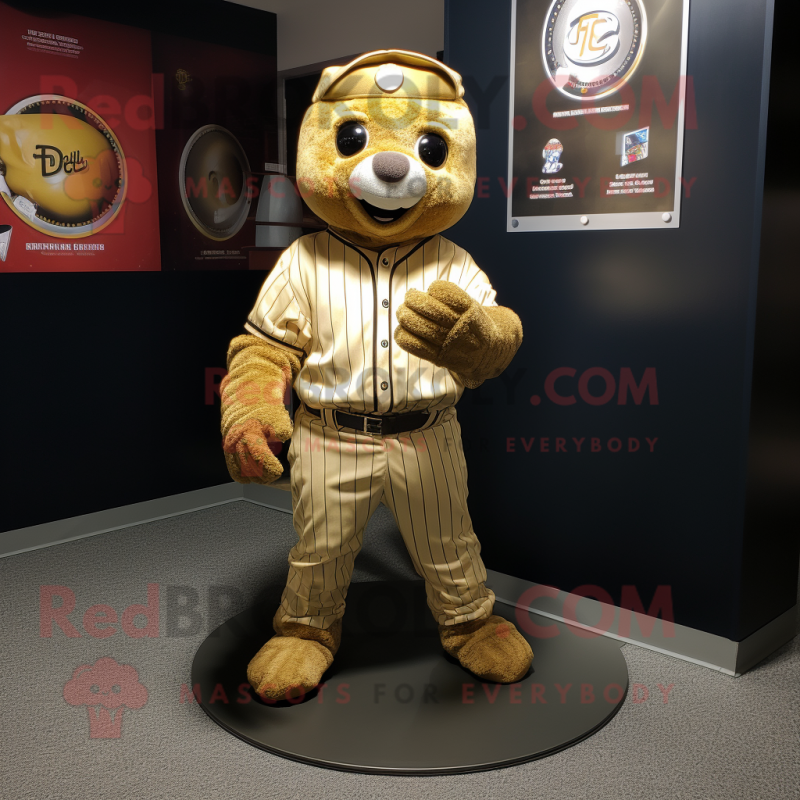 Gold Baseball Glove mascot costume character dressed with a Romper and Scarves Gold Baseball Glove mascot costume character dressed with a Romper and Scarves