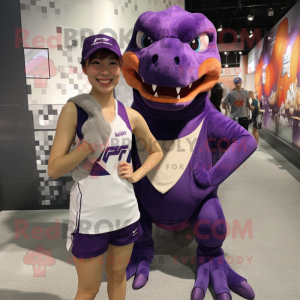 Purple Deinonychus mascot costume character dressed with a Tank Top and Wraps