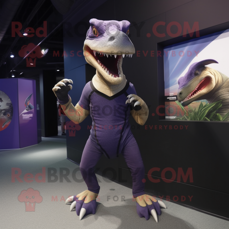 Purple Deinonychus mascot costume character dressed with a Tank Top and Wraps Purple Deinonychus mascot costume character dressed with a Tank Top and Wraps