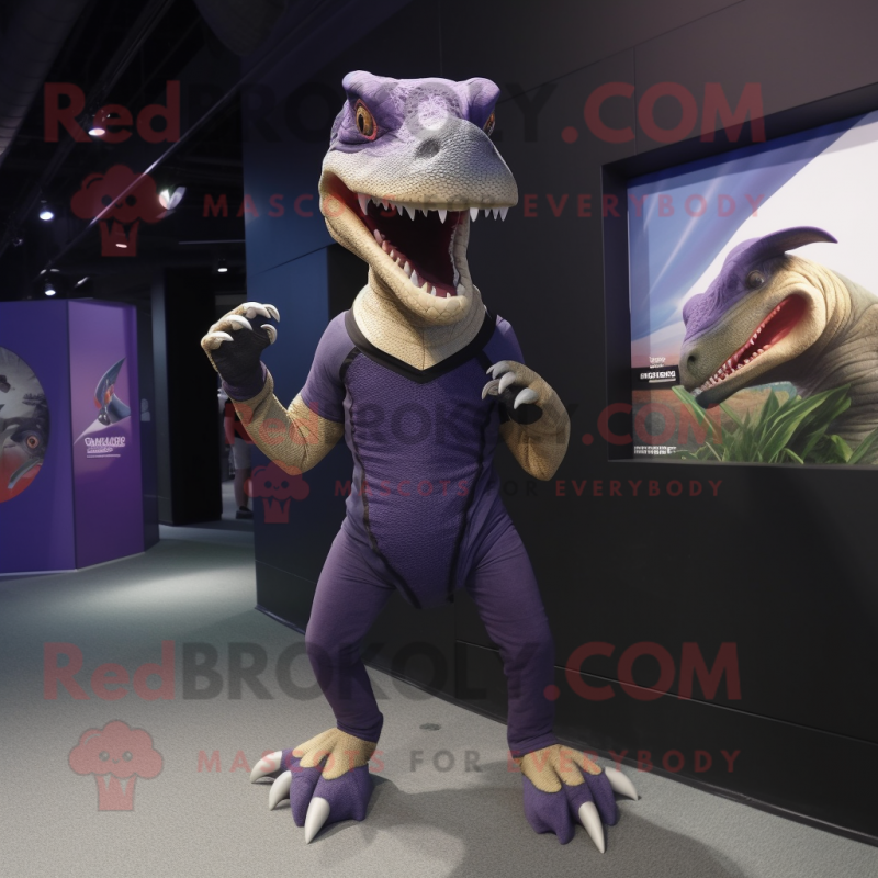 Purple Deinonychus mascot costume character dressed with a Tank Top and Wraps