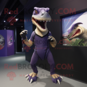 Purple Deinonychus mascot costume character dressed with a Tank Top and Wraps