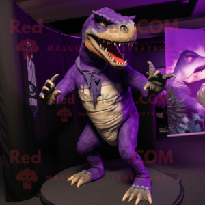 Purple Deinonychus mascot costume character dressed with a Tank Top and Wraps