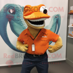 Orange Titanoboa mascot costume character dressed with a Dress Shirt and Suspenders