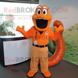 Orange Titanoboa mascot costume character dressed with a Dress Shirt and Suspenders