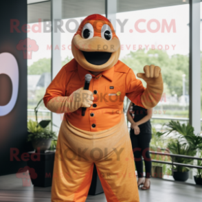 Orange Titanoboa mascot costume character dressed with a Dress Shirt and Suspenders