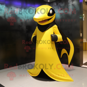 Yellow Killer Whale mascot costume character dressed with a Evening Gown and Necklaces