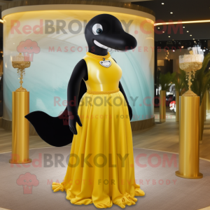 Yellow Killer Whale mascot costume character dressed with a Evening Gown and Necklaces