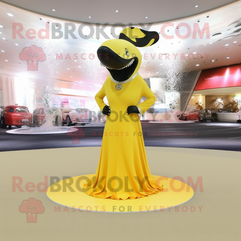 Yellow Killer Whale mascot costume character dressed with a Evening Gown and Necklaces
