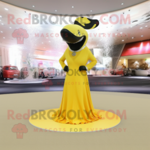 Yellow Killer Whale mascot costume character dressed with a Evening Gown and Necklaces