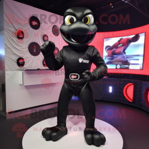 Black Snake mascot costume character dressed with a Playsuit and Rings