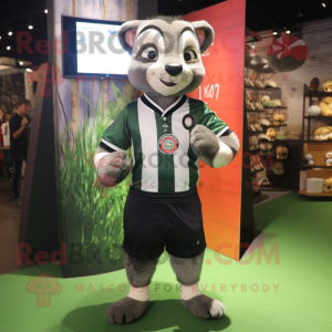 Olive Civet mascot costume character dressed with a Rugby Shirt and Coin purses