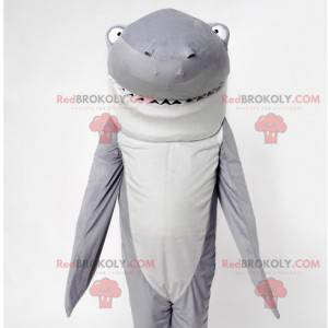 Mascote tubarão cinza e branco incrível e engraçado -