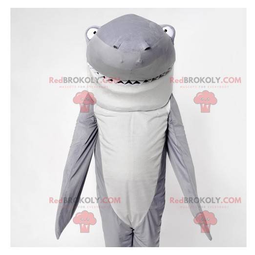Mascote tubarão cinza e branco incrível e engraçado -