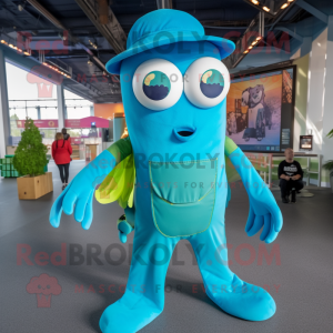 Cyan Squid mascot costume character dressed with a Overalls and Suspenders