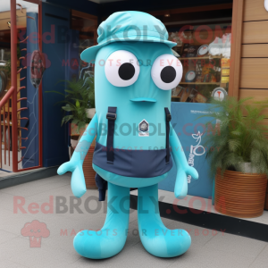 Cyan Squid mascot costume character dressed with a Overalls and Suspenders