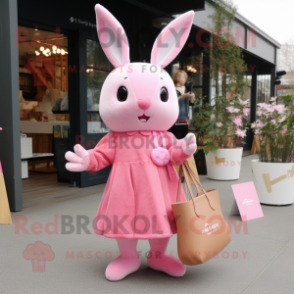 Pink Rabbit mascot costume character dressed with a Wrap Dress and Tote bags