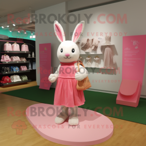 Pink Rabbit mascot costume character dressed with a Wrap Dress and Tote bags