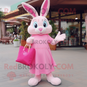 Pink Rabbit mascot costume character dressed with a Wrap Dress and Tote bags