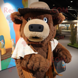 Brown Bison mascot costume character dressed with a Cardigan and Hats