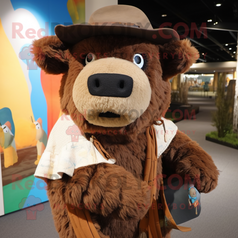 Brown Bison mascot costume character dressed with a Cardigan and Hats Brown Bison mascot costume character dressed with a Cardigan and Hats