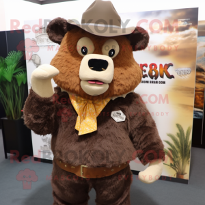 Brown Bison mascot costume character dressed with a Cardigan and Hats