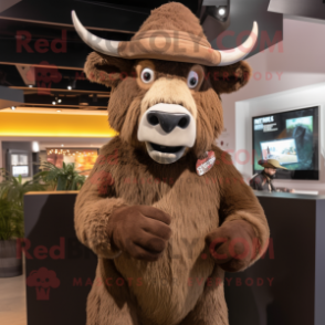 Brown Bison mascot costume character dressed with a Cardigan and Hats