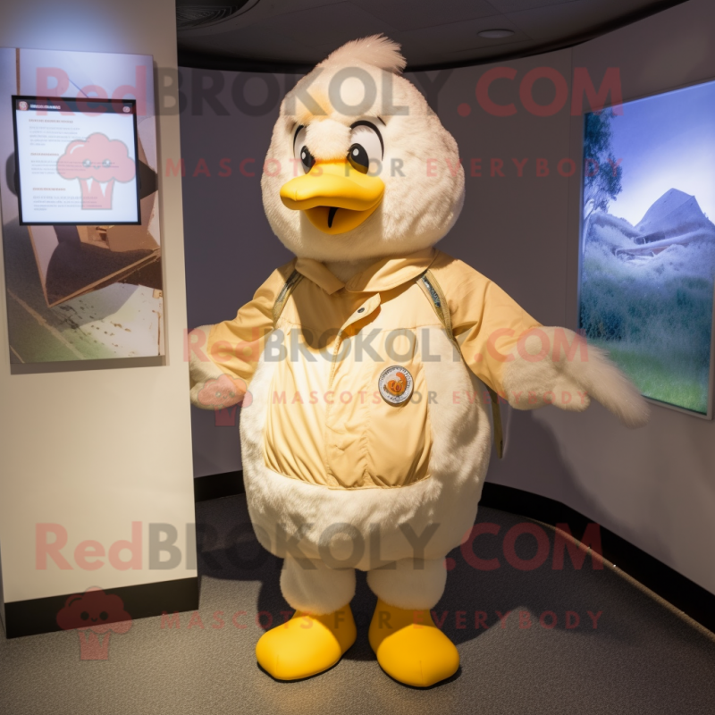 Cream Chicken mascot costume character dressed with a Parka and Earrings Cream Chicken mascot costume character dressed with a Parka and Earrings