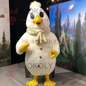 Cream Chicken mascot costume character dressed with a Parka and Earrings