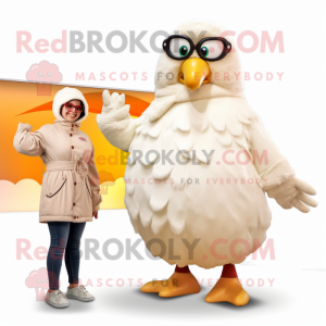 Cream Chicken mascot costume character dressed with a Parka and Earrings