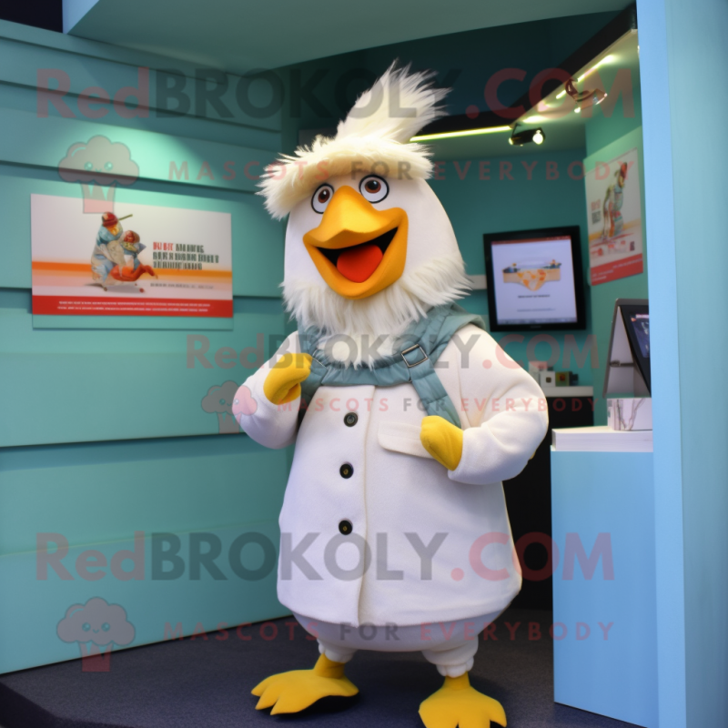 Cream Chicken mascot costume character dressed with a Parka and Earrings Cream Chicken mascot costume character dressed with a Parka and Earrings