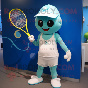 Cyan Tennis Racket mascot costume character dressed with a One-Piece Swimsuit and Hat pins
