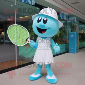 Cyan Tennis Racket mascot costume character dressed with a One-Piece Swimsuit and Hat pins