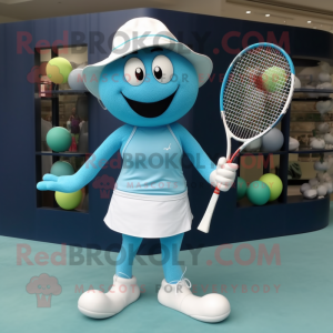 Cyan Tennis Racket mascot costume character dressed with a One-Piece Swimsuit and Hat pins