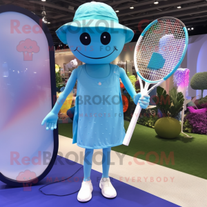 Cyan Tennis Racket mascot costume character dressed with a One-Piece Swimsuit and Hat pins