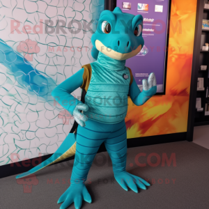 Teal Lizard mascot costume character dressed with a Leggings and Belts