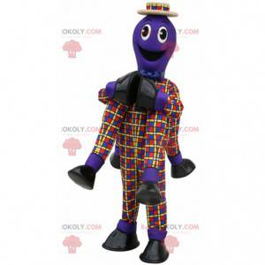 Mascotte di polpo viola molto sorridente ed elegante -